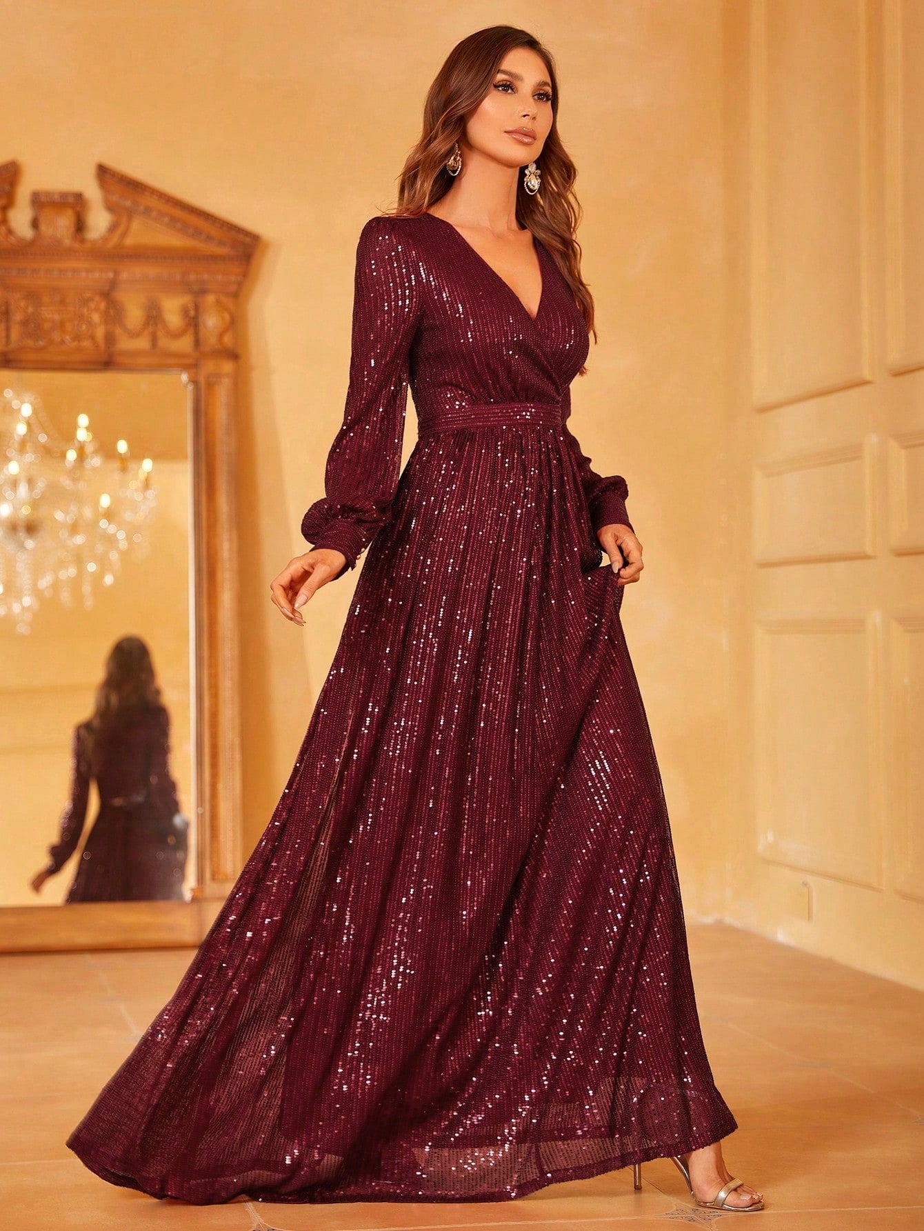 Elegant V Neck Lantern Sleeve Sequin A Line Dresses