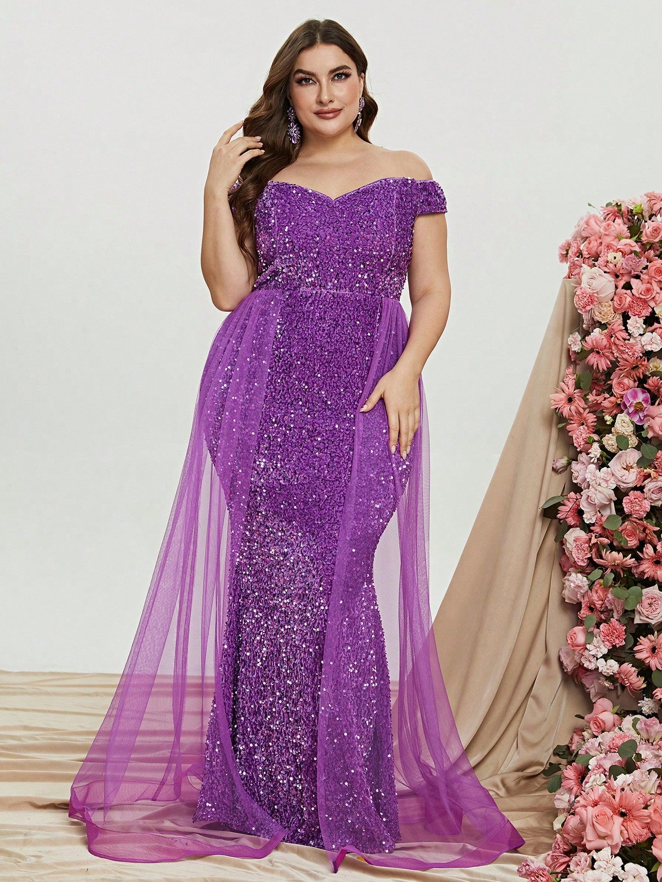 Plus Size Off Shoulder Mesh Layer on Waist Sequin Dresses