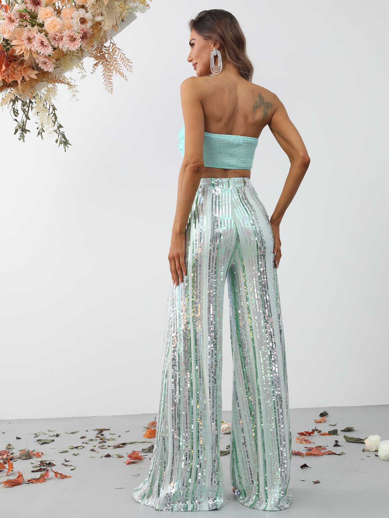 3D Flower Tube Top & Sequin Wide Leg Pants