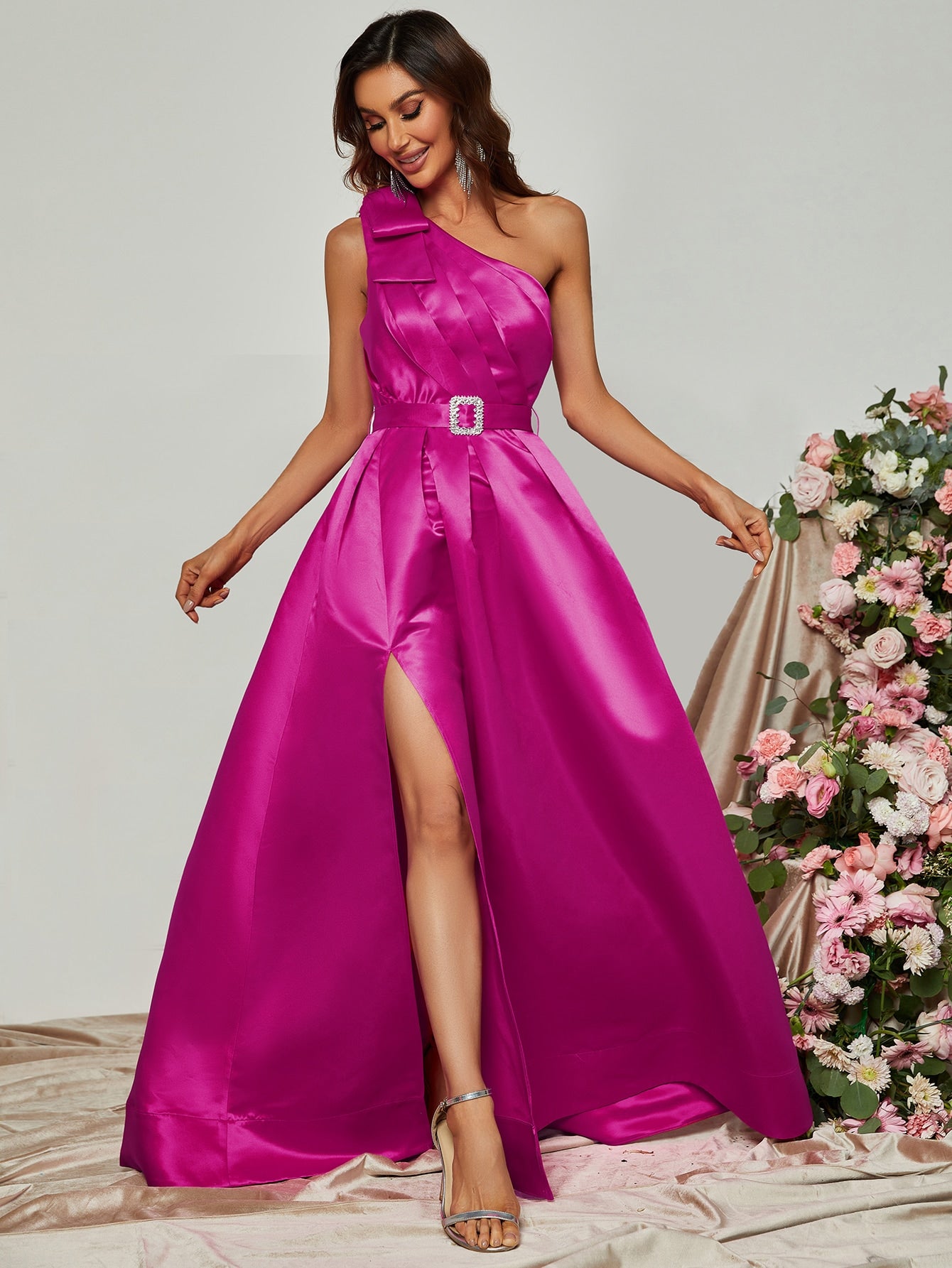 Elegant One Shoulder Sleeveless Satin A line Dresses