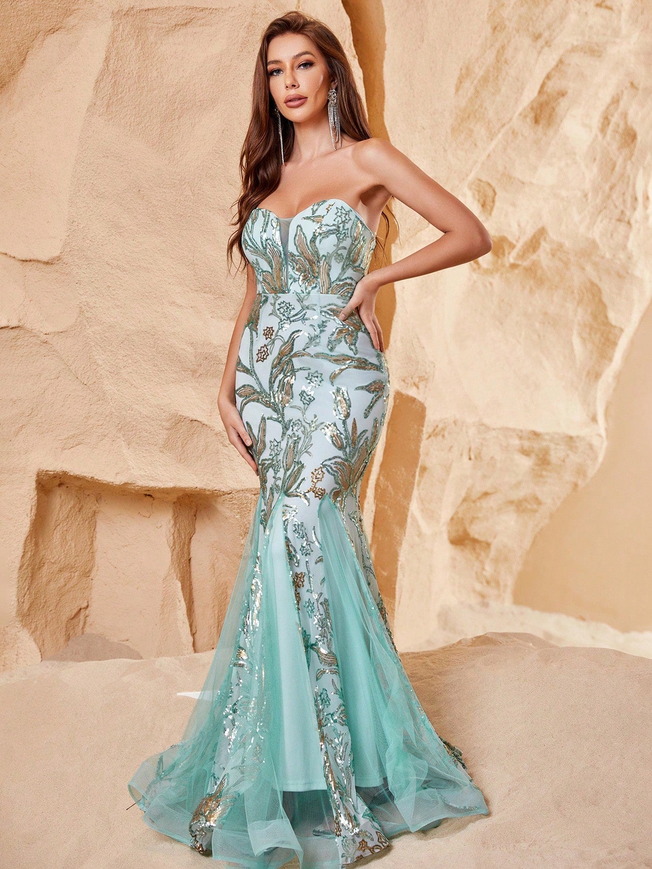 Elegant Tube Sleeveless Mesh Insert Sequin Mermaid Dress