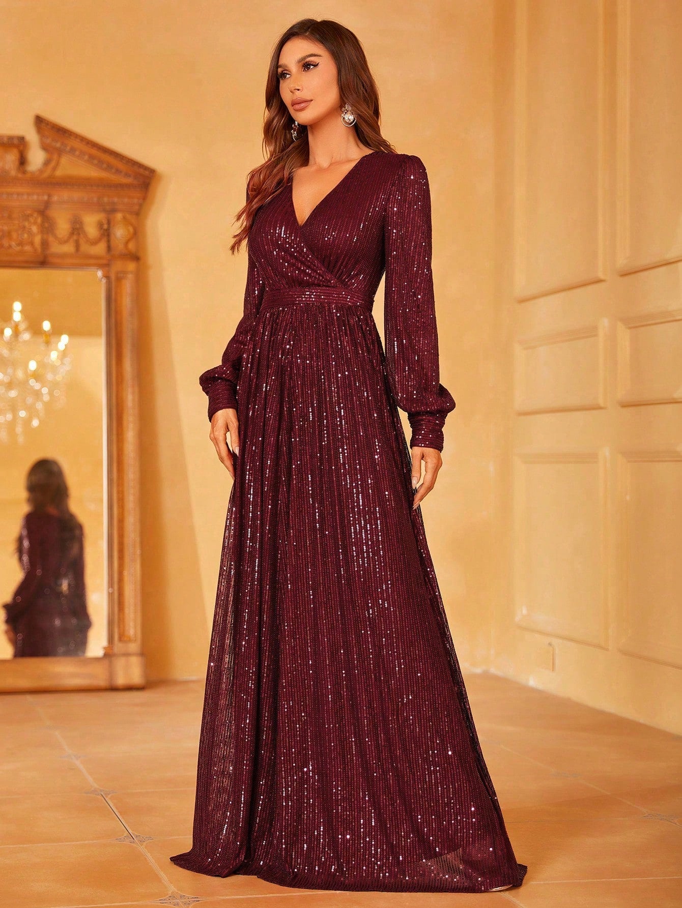 Elegant V Neck Lantern Sleeve Sequin A Line Dresses