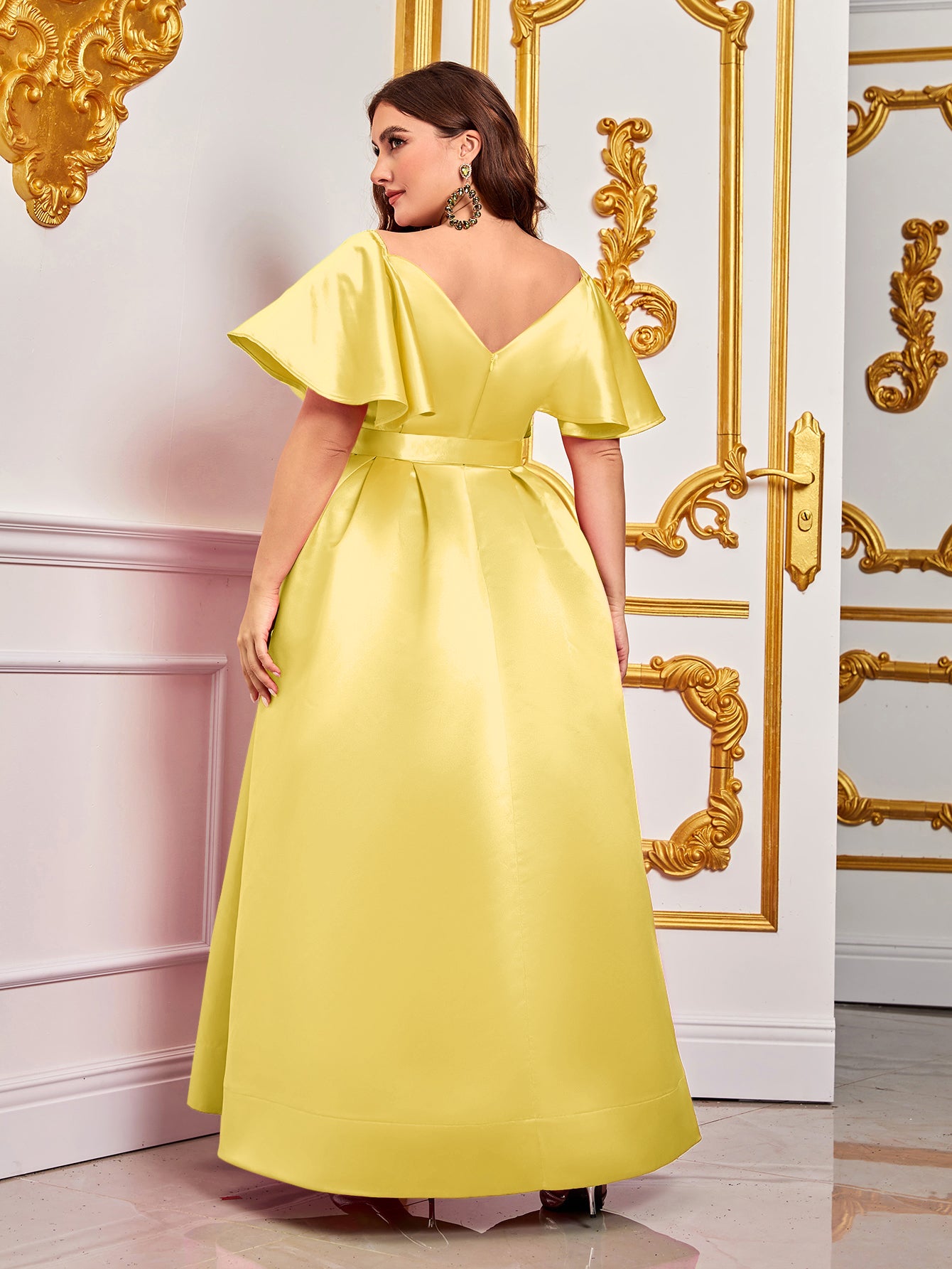 Plus Rhinestone Detail Belted Ruffle Sleeve Satin Dress