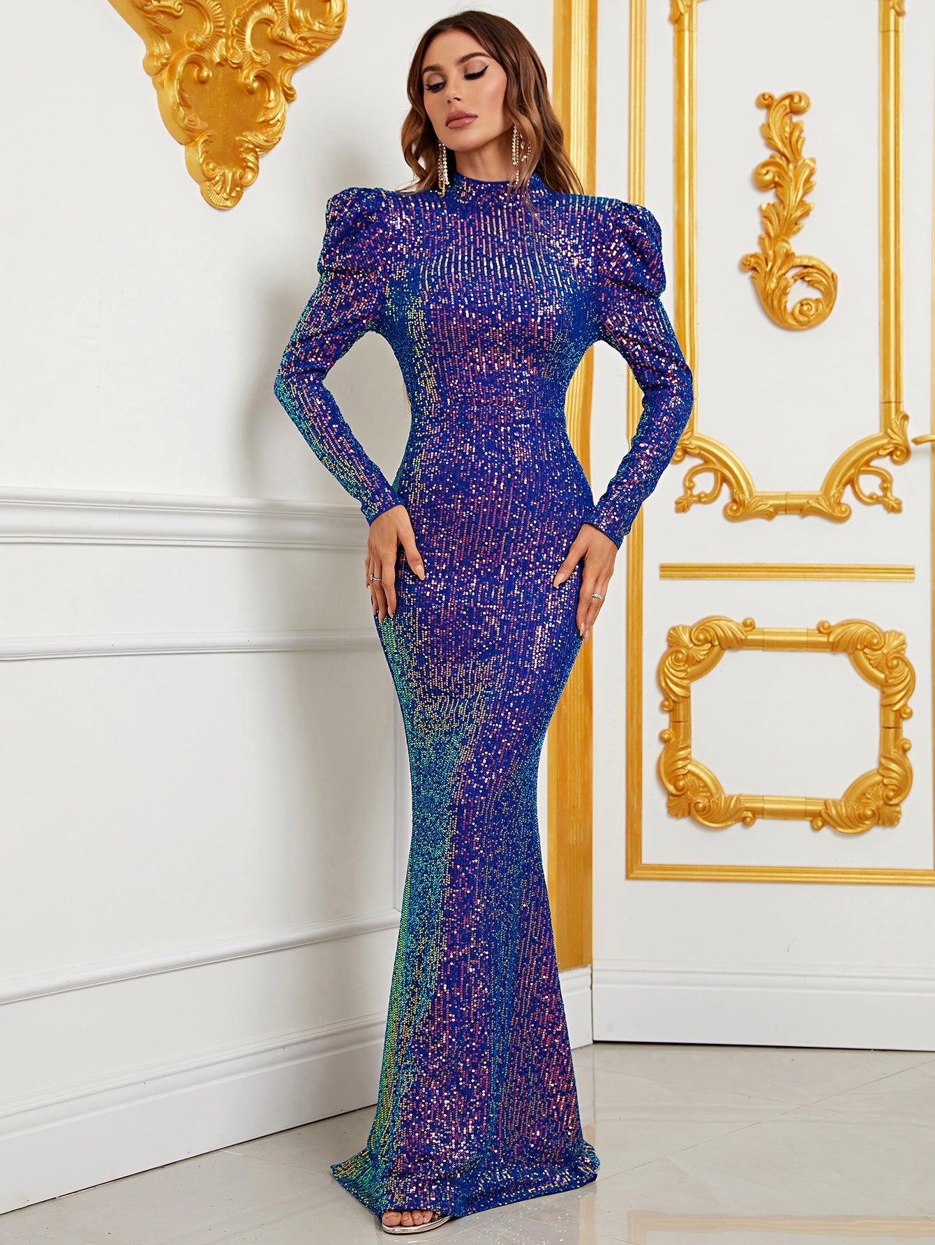 Elegant Stand Neck Gigot Sleeve Sequin Backless Mermaid Dresses