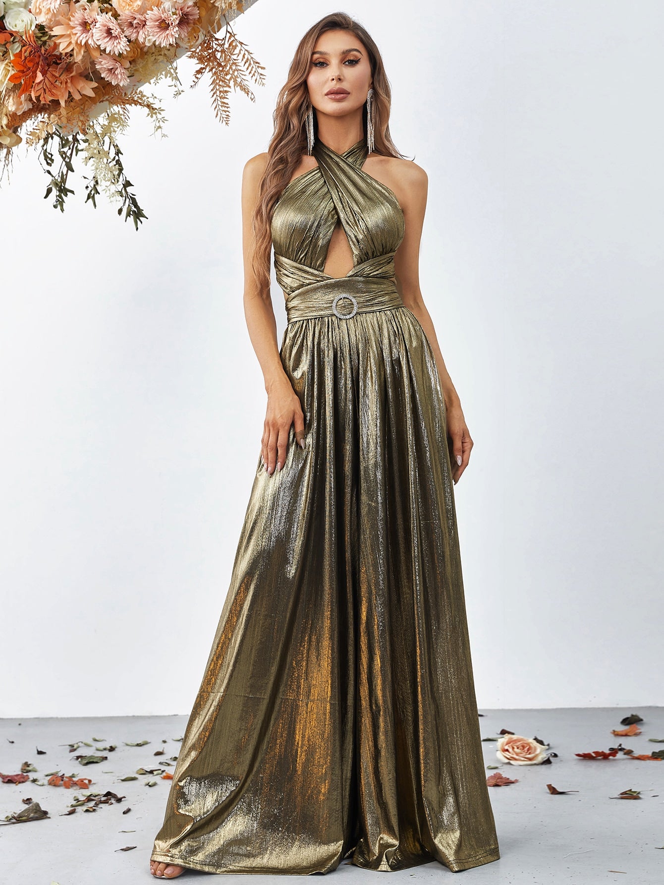 Cross Halter Cut Out Backless Metallic Jumpsuit