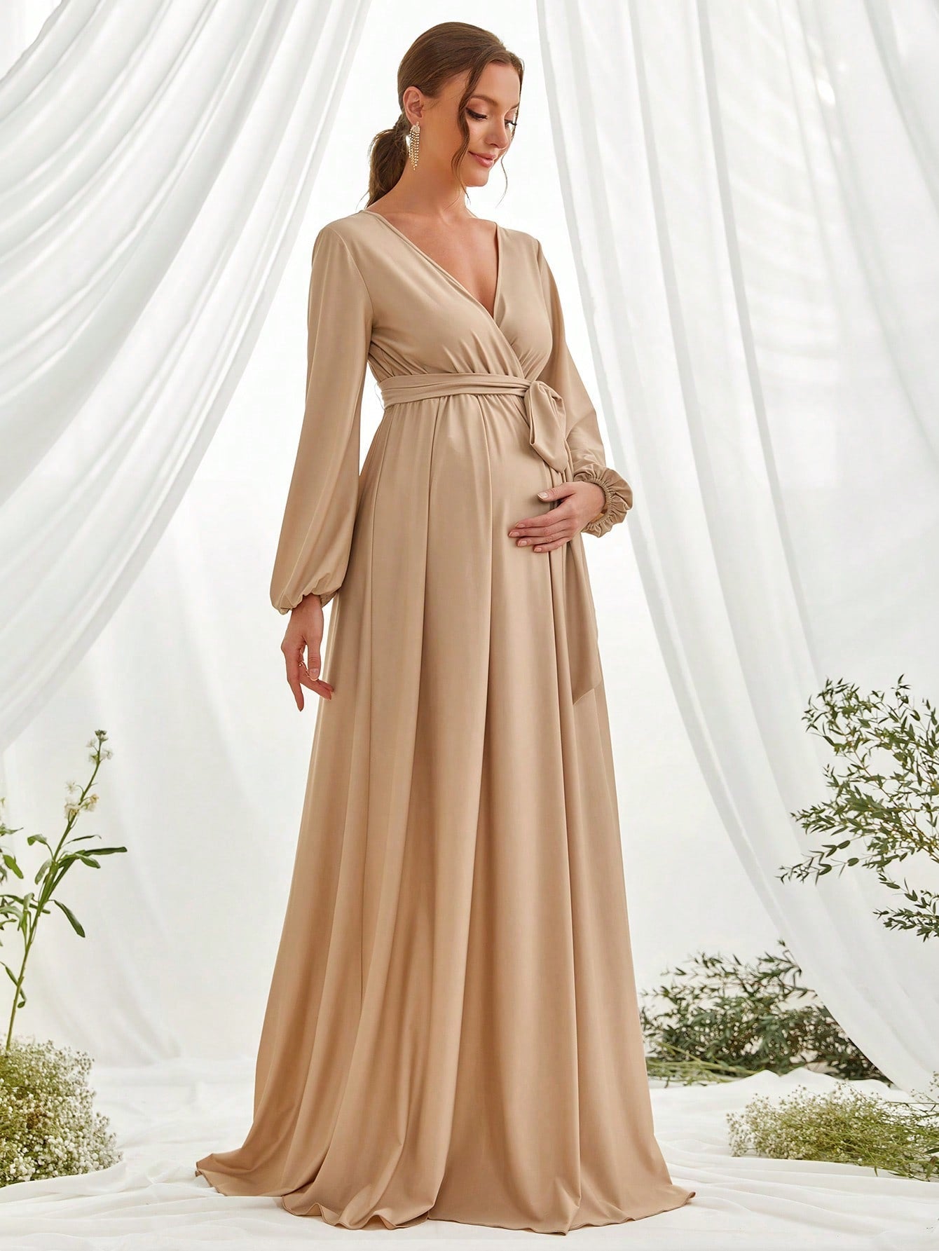 Surplice Neck A  Line Maternity Belted Dress