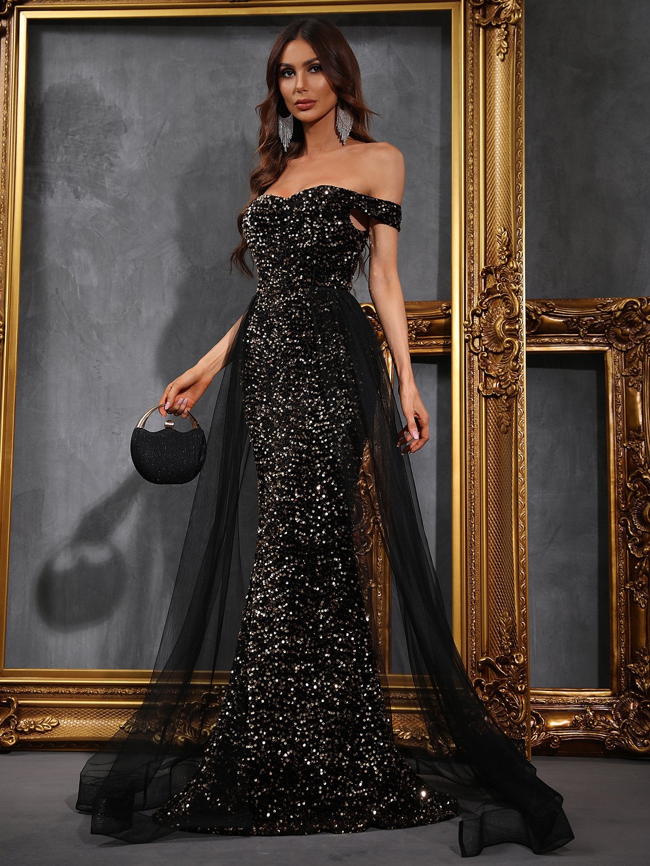 Off Shoulder Mesh Layer On Waist Black Gold Sequin Mermaid Dresses