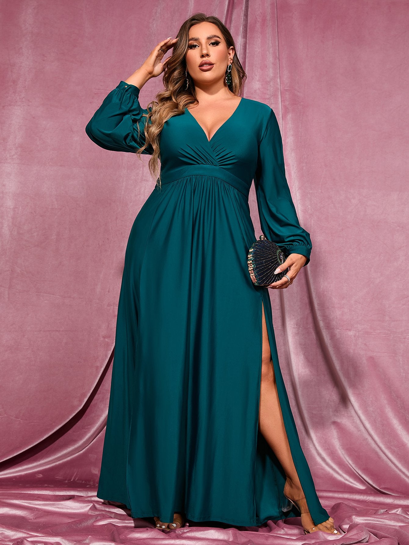 Plus Elegant V Neck Long Sleeve Dresses