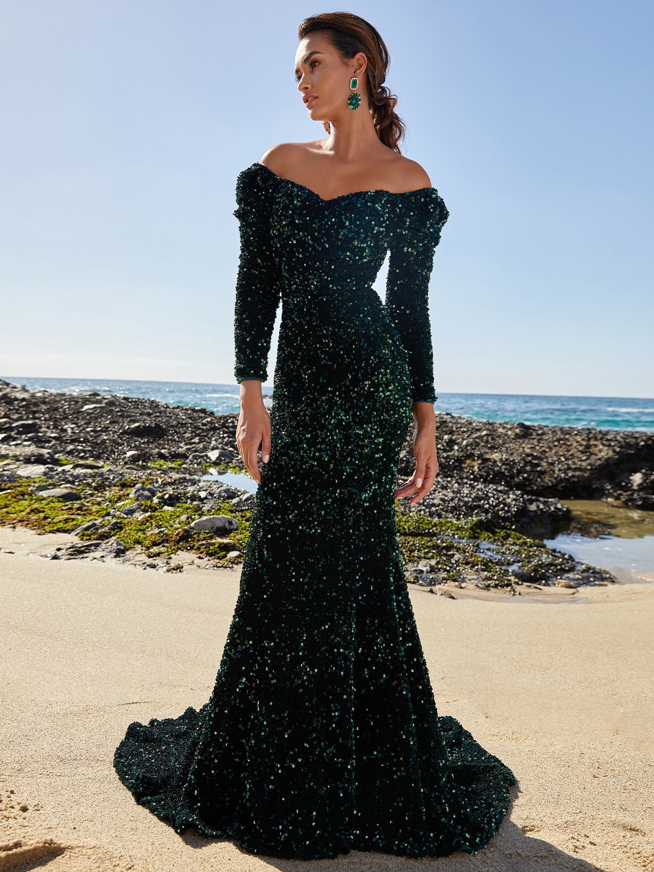 Long Sleeve Off Shoulder Sequin Mermaid Dresses