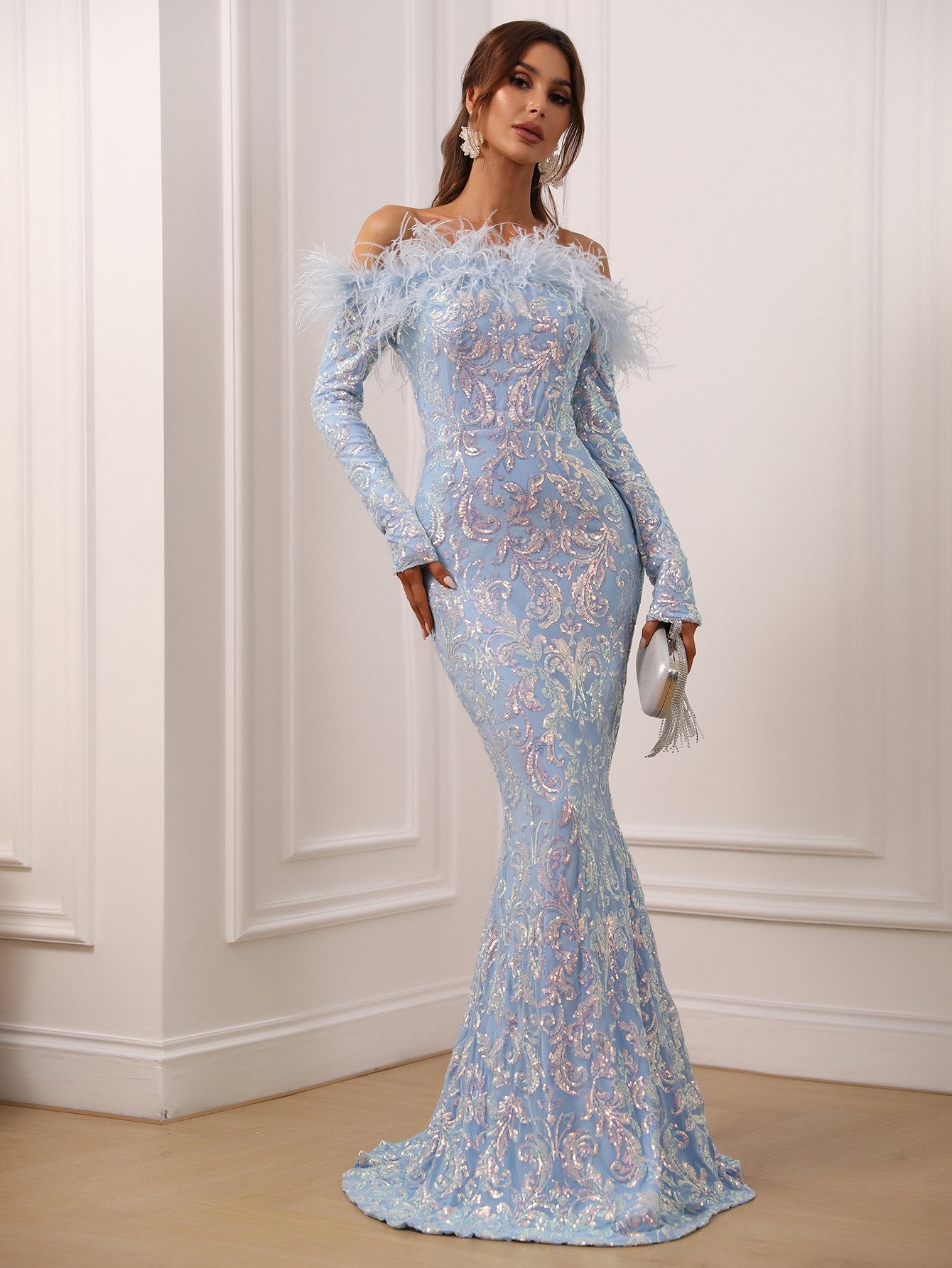 Evening Gown Long Sleeve Prom Dress With Feathers