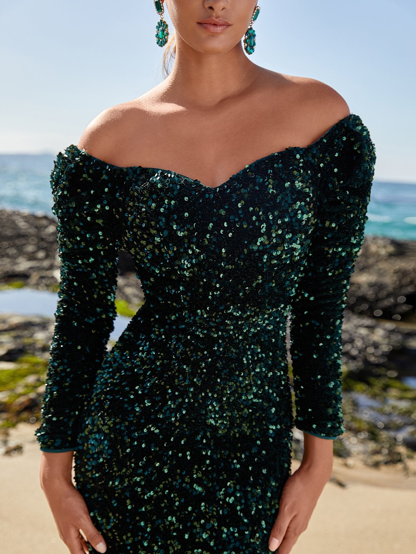 Long Sleeve Off Shoulder Sequin Mermaid Dresses