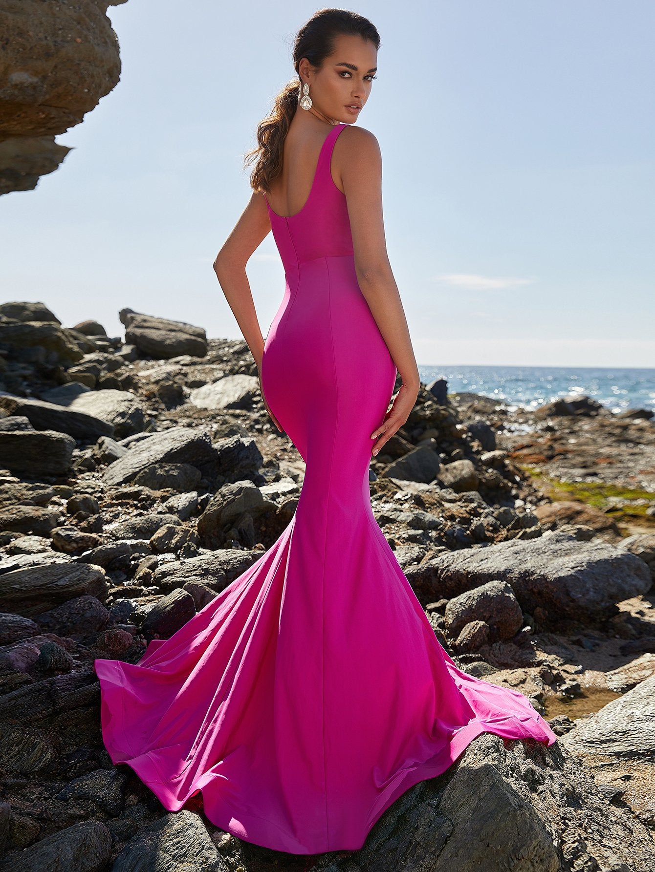 Square Neck Mermaid Hem Hot Pink Prom Dress 2023