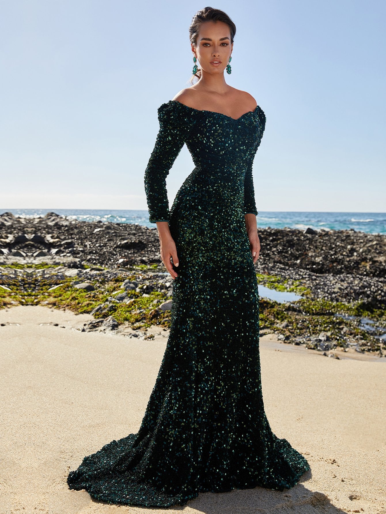 Long Sleeve Off Shoulder Sequin Mermaid Dresses