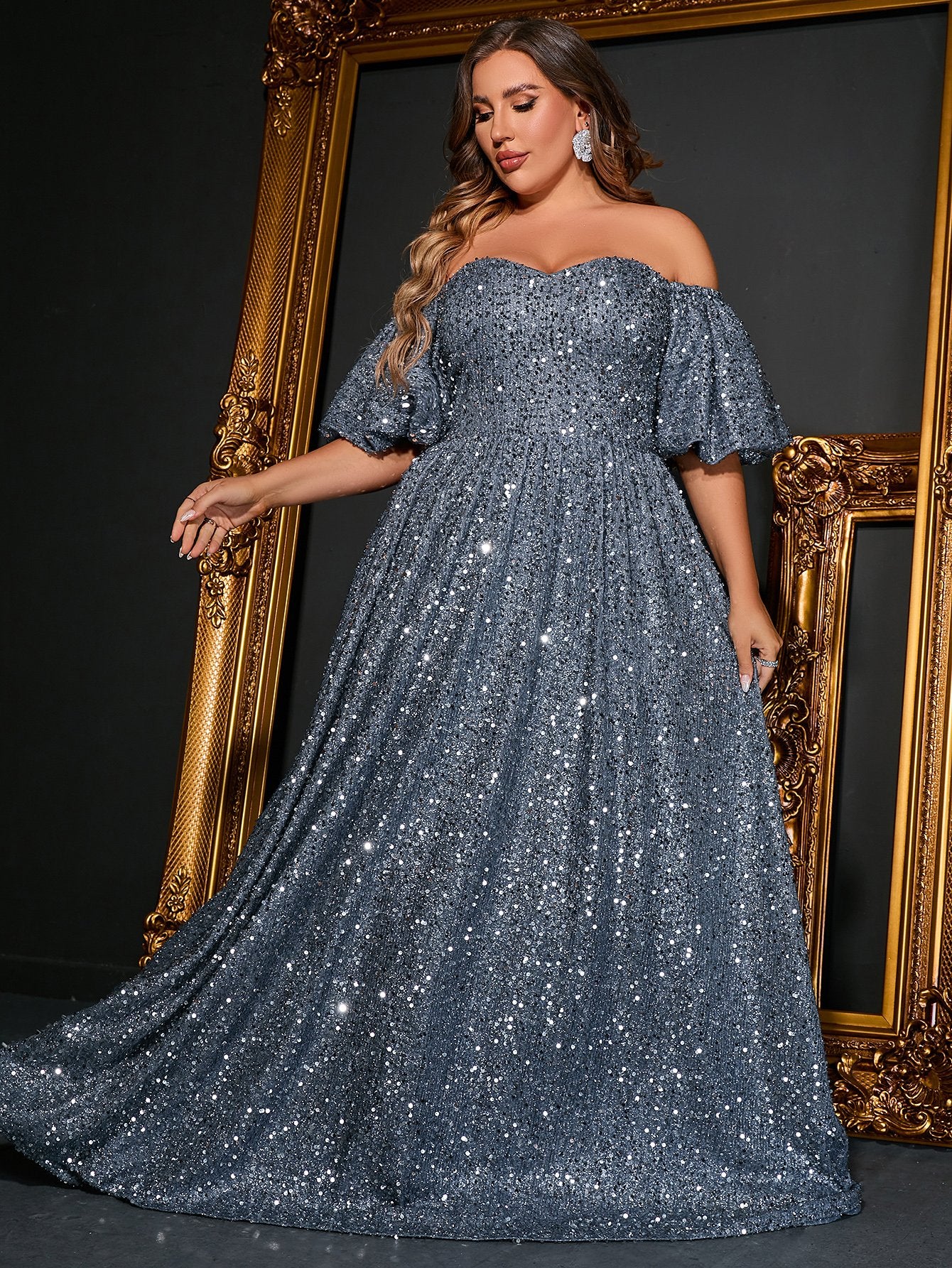 Plus Elegant Off Shoulder Short Sleeve Sequin A Line Dresses