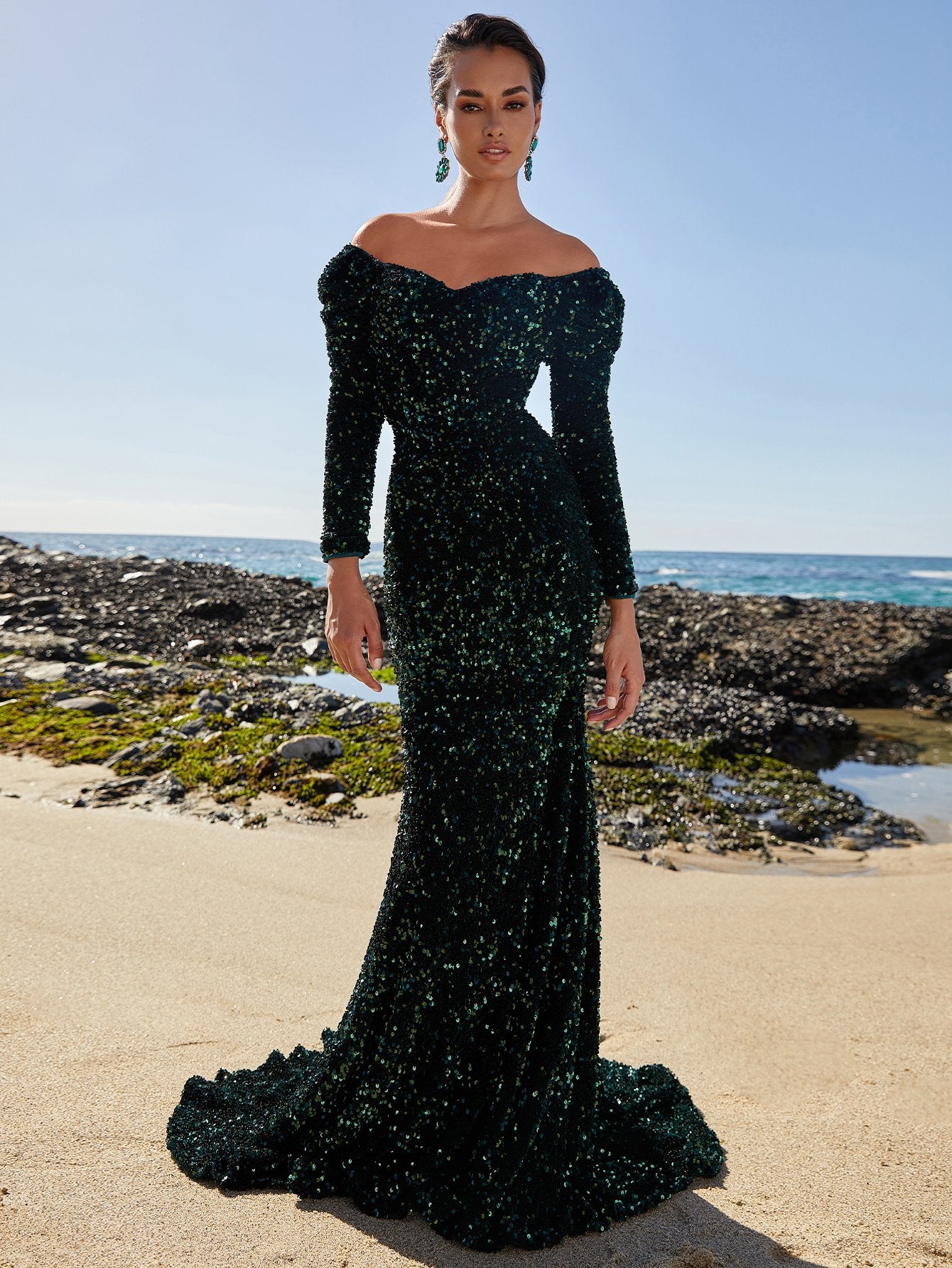 Long Sleeve Off Shoulder Sequin Mermaid Dresses