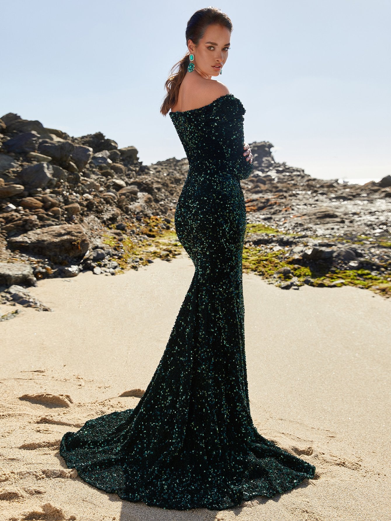 Long Sleeve Off Shoulder Sequin Mermaid Dresses