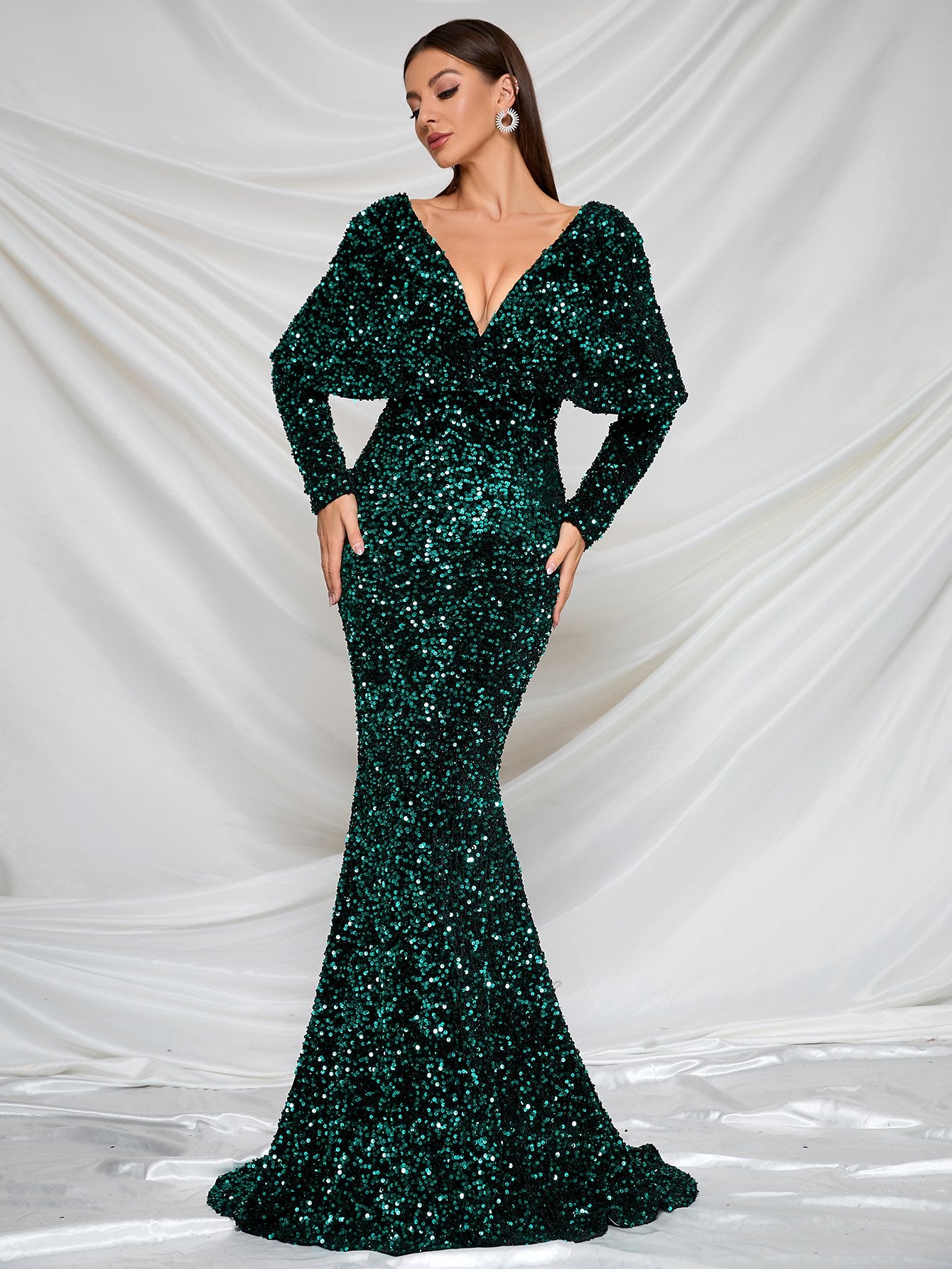 Elegant V Neck Long Sleeve Sequin Mermaid Dresses