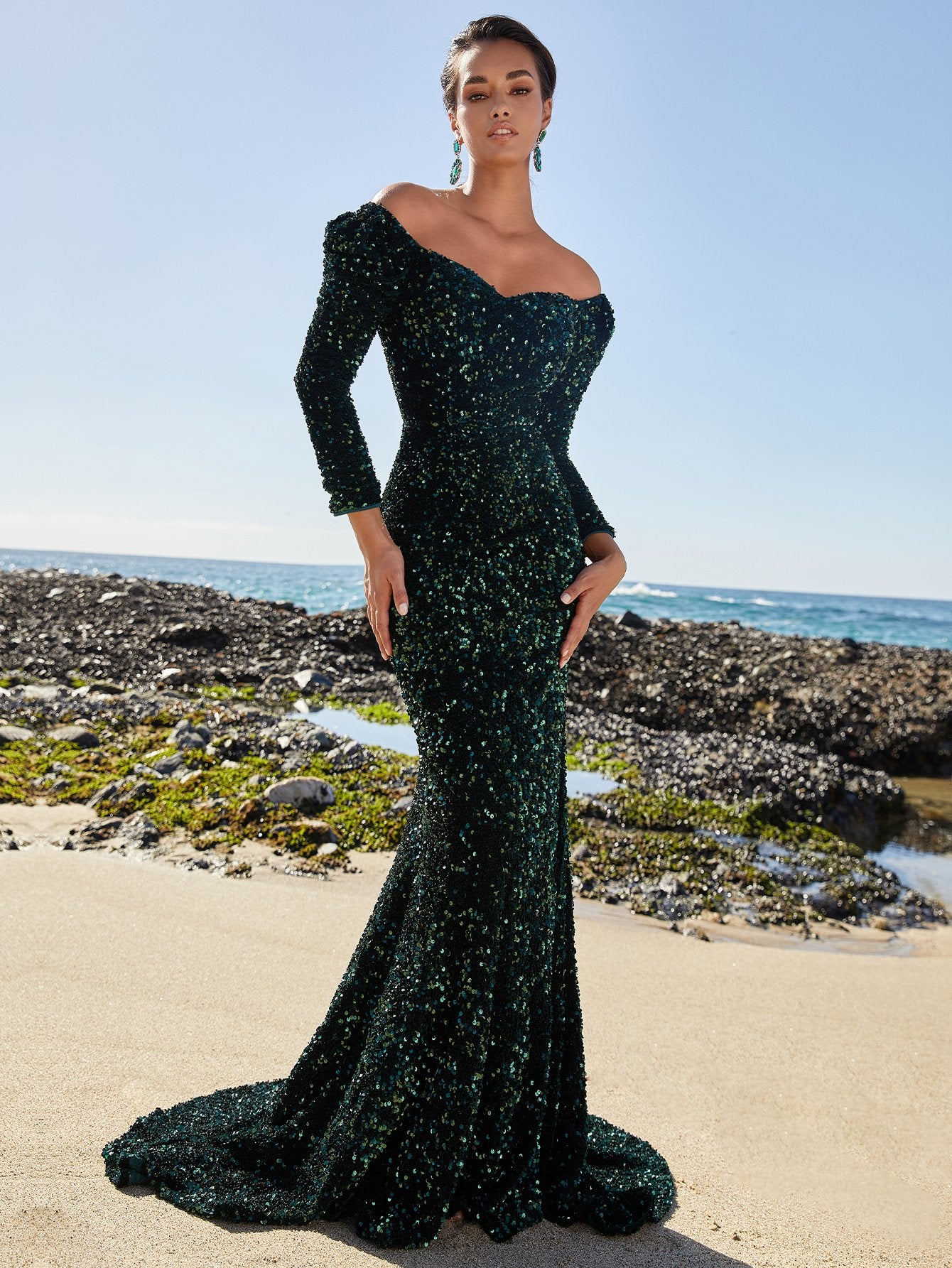 Long Sleeve Off Shoulder Sequin Mermaid Dresses