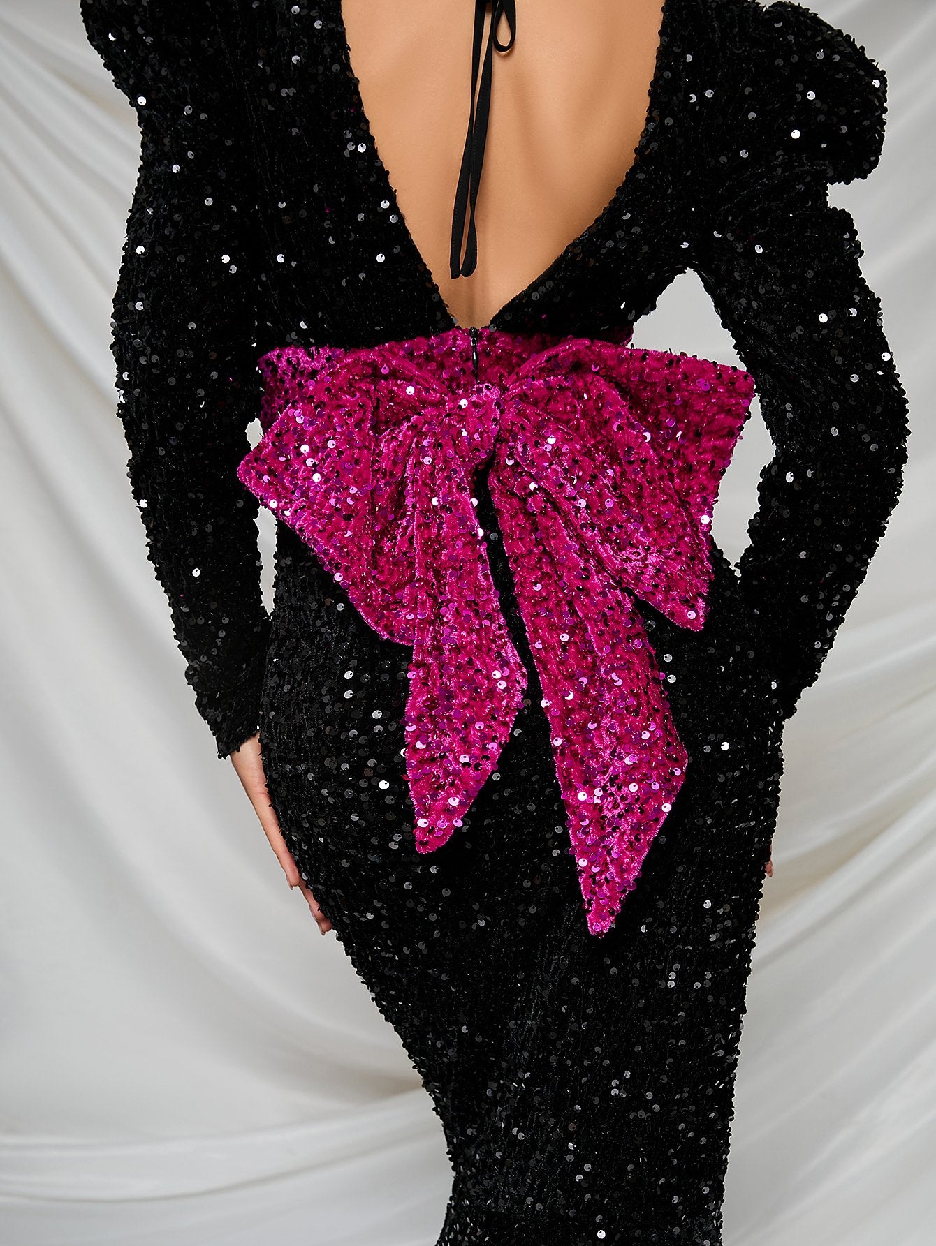 Long Sleeve Tied Back Big Bow Sequins Mermaid Dress