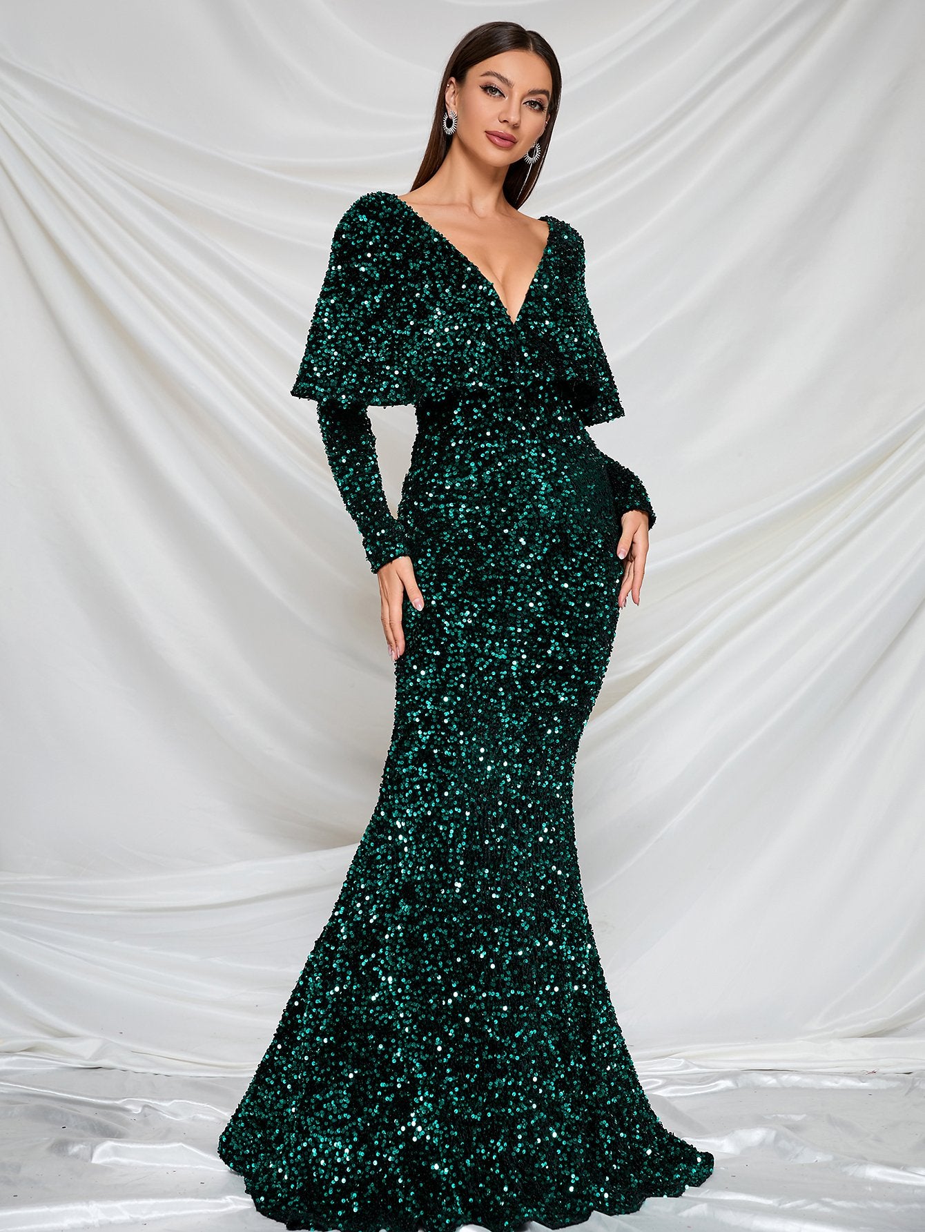 Elegant V Neck Long Sleeve Sequin Mermaid Dresses