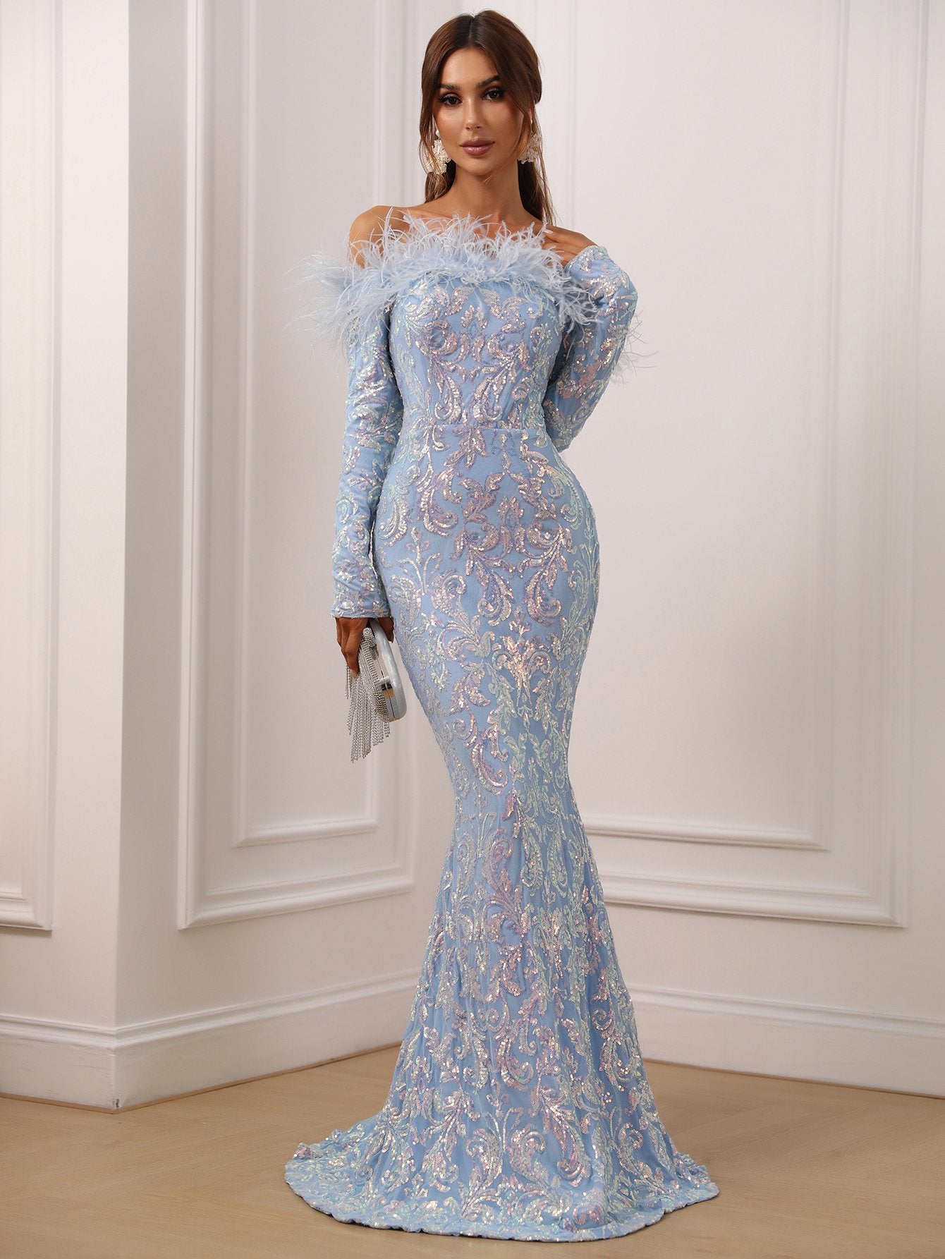 Evening Gown Long Sleeve Prom Dress With Feathers