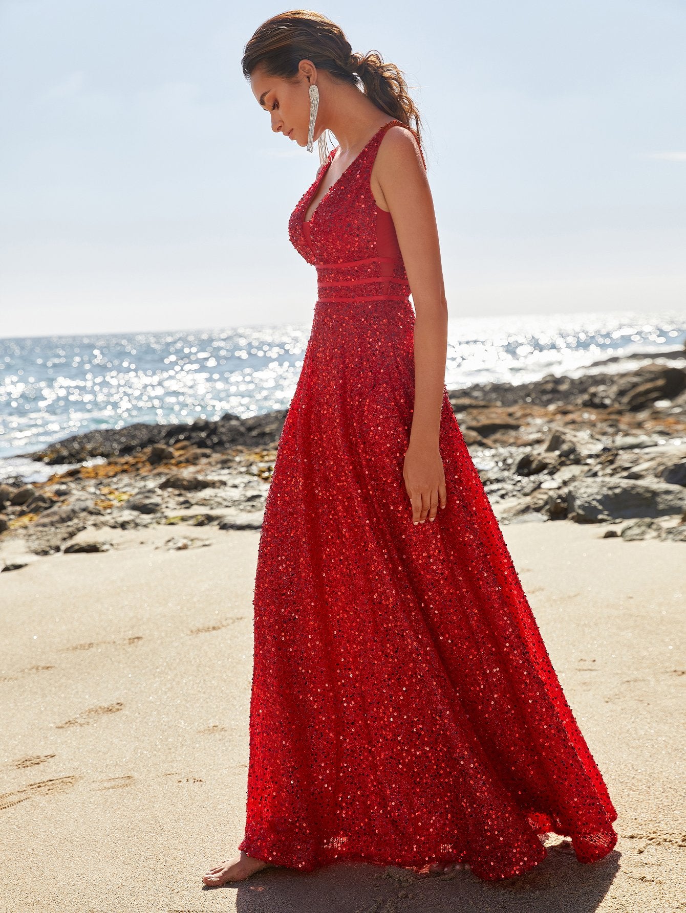 Red Corset Deep V Neck Sequin A Line Prom Dresses