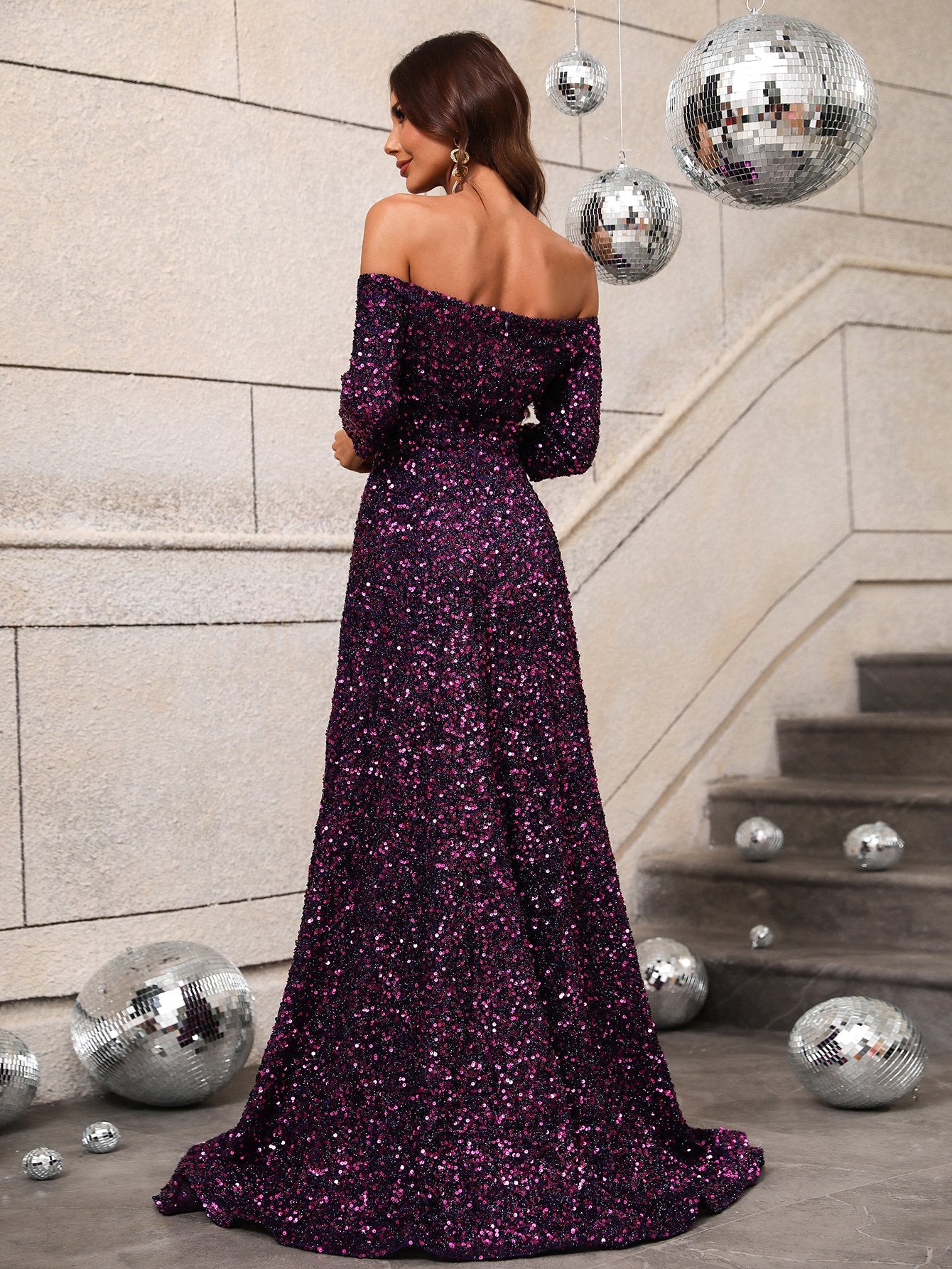 3/4 Sleeve Off Shoulder Sweetheart Sequin A Line Dresses