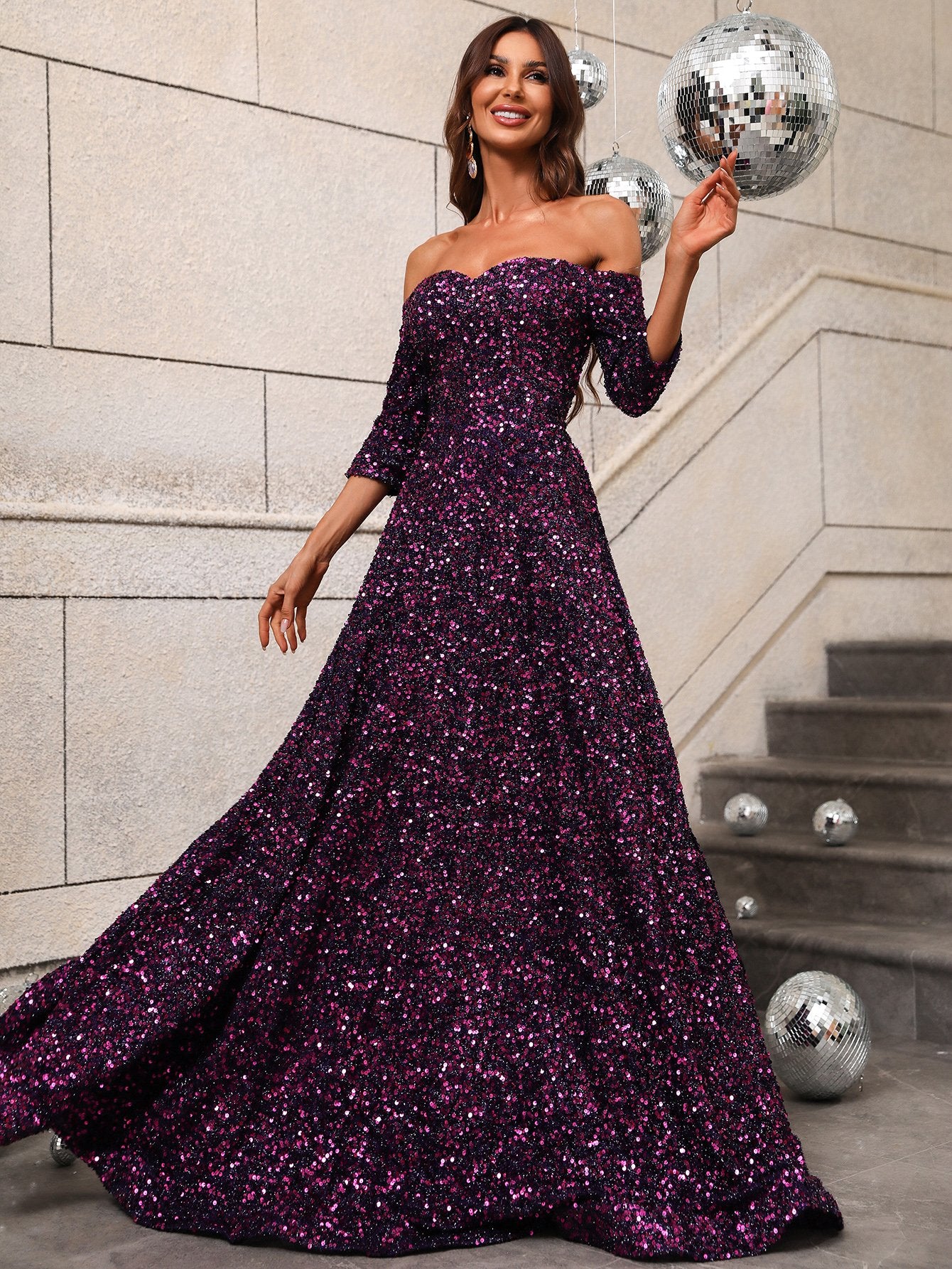 3/4 Sleeve Off Shoulder Sweetheart Sequin A Line Dresses