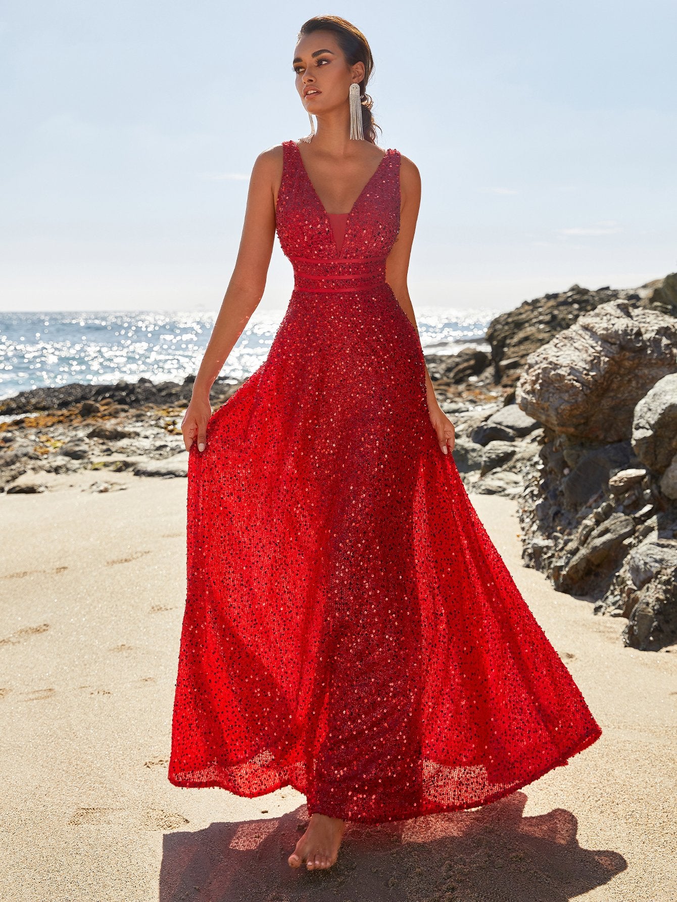 Red Corset Deep V Neck Sequin A Line Prom Dresses