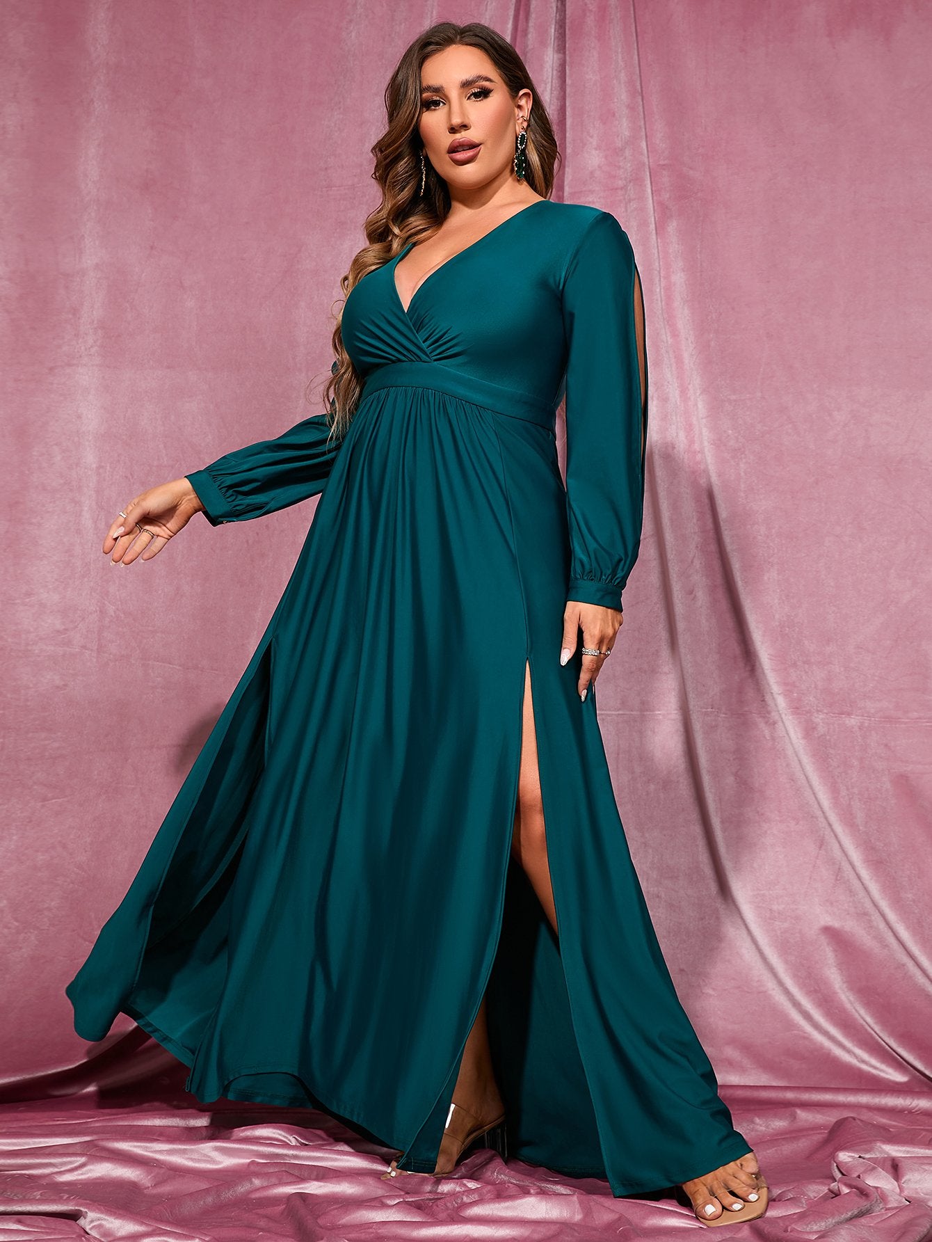 Plus Elegant V Neck Long Sleeve Dresses